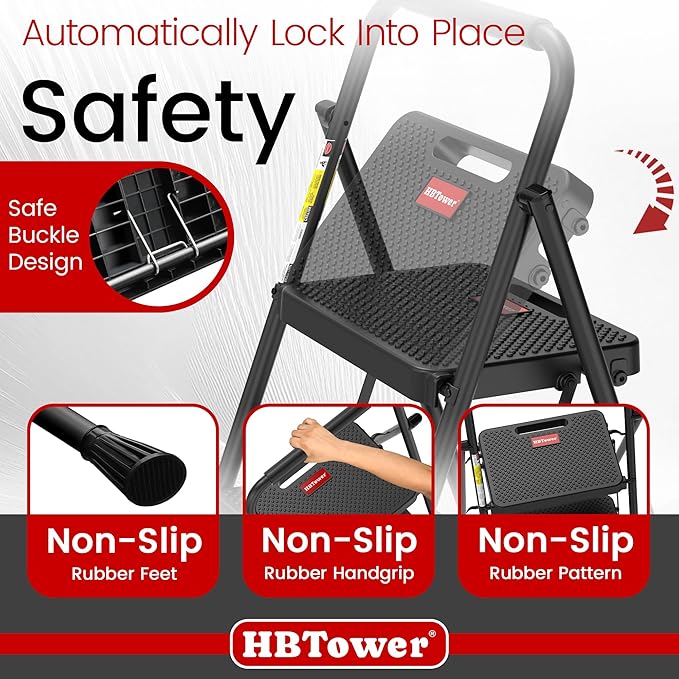 HBTower Step Ladder, 4 Step Ladder Folding Step Stool with Wide Anti-Slip Pedal, Lightweight Ladders for Home, Black