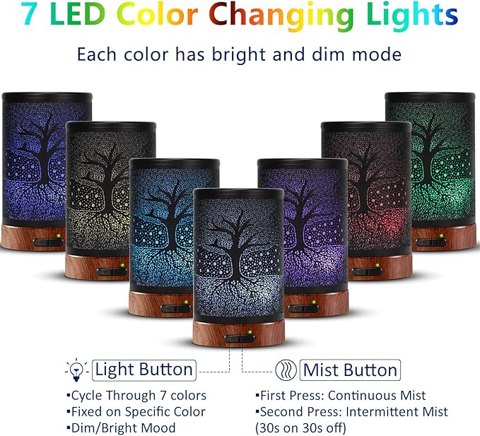 EQUSUPRO Essential Oil Diffuser 150ml Black Metal Aromatherapy Oil Diffuser Ultrasonic Cool Mist Diffuser with Auto Shut-Off Protection,7 Colors Changed LED for Home Office SPA Yoga