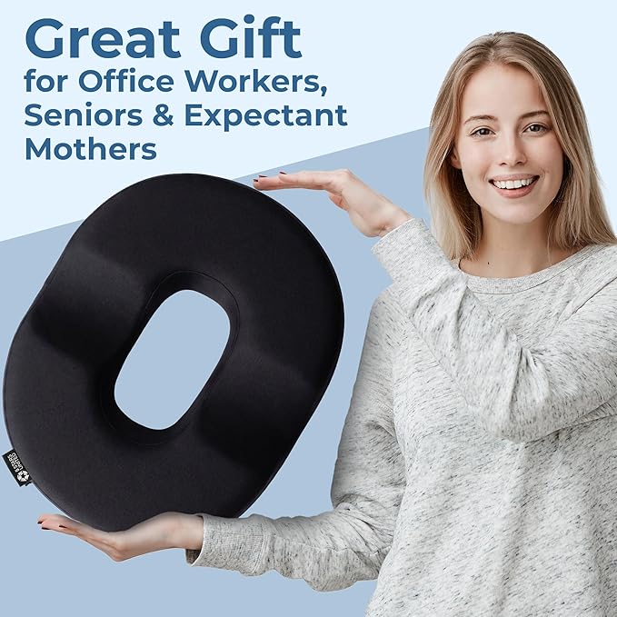 5 STARS UNITED Donut Pillow for Tailbone Pain & Hemorrhoids – Large Memory Foam Seat Cushion for Bed Sore-Prone Areas & Pressure Relief – Prostate, Postpartum & Pregnancy Support, Premium Black Suede