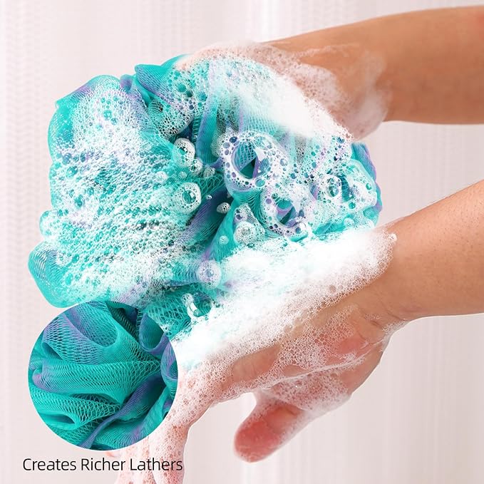 Fu Store Loofah Sponge Shower Loofahs 60g Bath Sponges Mesh Balls 4 Colors for Body Scrubber Exfoliator Wash Back Scrubbers Bathroom Men Women - 4 Pack Cleaning Bathing Accessories