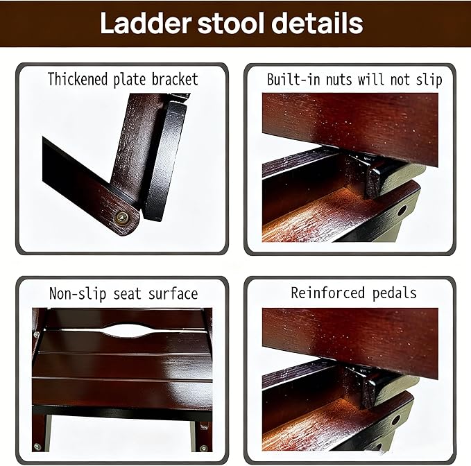 3-Step Ladder Stool, Wooden Folding Step Stool for Home & Kitchen, Solid Pine with Non-Slip Steps & Anti-Scratch Shoe Covers, 337lb Weight Capacity, Space-Saving, No Assembly Required (Walnut)