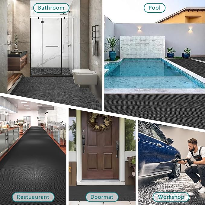 WochiTV Non Slip Drainage Mats PVC Pool Floor Mat 0.23'' Thick Outdoor Indoor Parking Space Mat for Bathroom Garage Basement Backyard Commercial Kitchen 3x3.3Ft Black