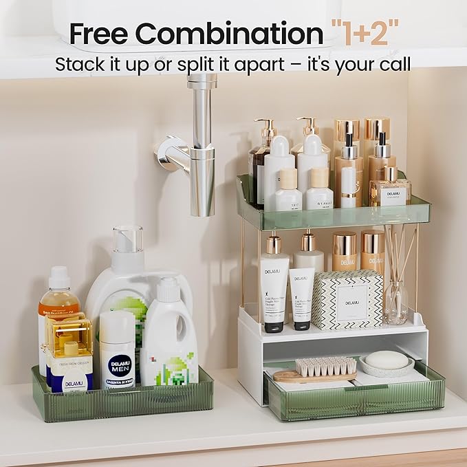 Delamu Bathroom Organizers and Storage, 2 Tier 2 Drawer Makeup Organizer Countertop, Easy to Install, Ideal for Bathroom Counter, Vanity, Ideal for Women Girls, Green
