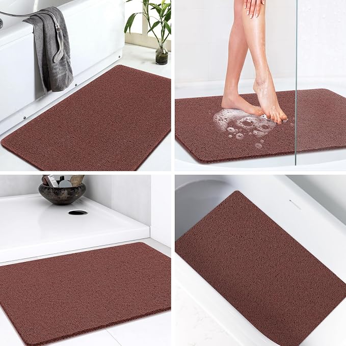 LuxStep Shower Mat Bathtub Mat,24x36 inch, Non-Slip Bath Mat with Drain, Quick Drying PVC Loofah Bathmat for Tub,Shower,Bathroom,Reddish Brown