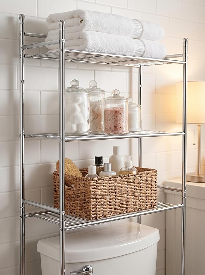 Honey-Can-Do 3-Tier Metal Bathroom Shelf Space Saver, Over The Toilet Storage Rack Organizer, Adjustable Chrome Wire Shelving Unit for Towels & Toiletries, 9.5 x 23 x 60 in