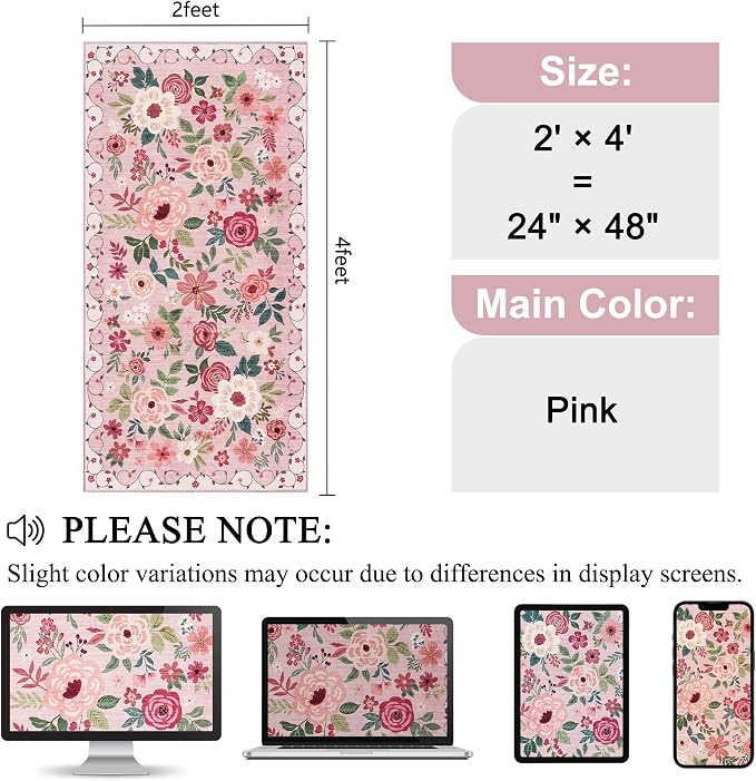 DUKINO 2x4 Rug for Entryway, Washable Kitchen Floral Runner Rug with Non Slip Backing, Low Pile Soft Boho Carpet for Kitchen, Hallway, Entryway, Laundry, Bedroom, Pink