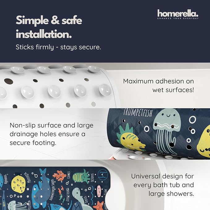 Bath Tub Mat Non Slip Anti Mold for Kids BPA Free INCL Hooks - homerella® Ocean Sea Animals 40x16, Baby Bath Mat Non Slip 200 Suction Cups, Non Toxic Machine Washable Toddler Bath Mat, EU Certified