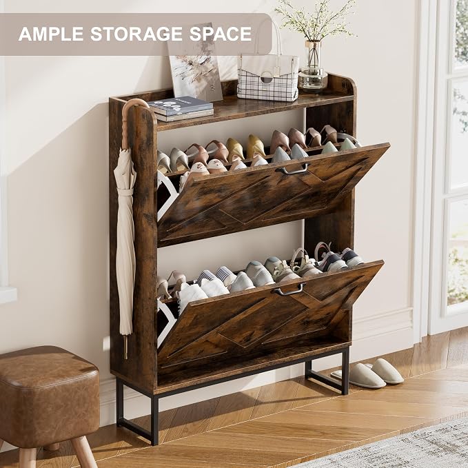 Nicetree Shoe Cabinet with 2 Flip Drawers, Freestanding Shoe Storage Cabinet with Metal Legs, Farmhouse Shoe Organizer for Entryway, Foyer, Hallway, Rustic Brown