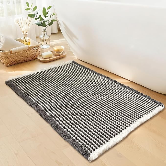 Waffle Bath Mat - Boho Bathroom Rugs Non Slip Washable, Super Absorbent & Quick Dry, Soft Bath Mat Farmhouse Bathroom Decor, 24'' x 36'', Dark Grey and White