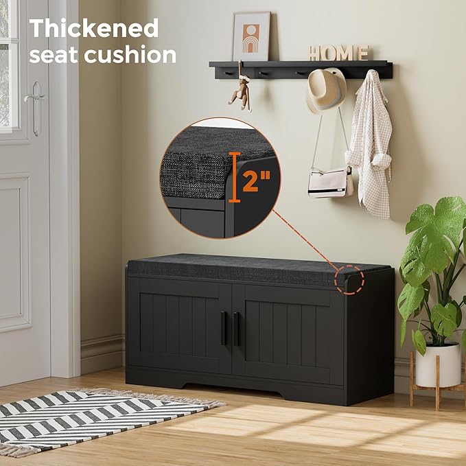 Homleke 2-Tier Storage Bench, Shoe Bench with Thickened Padded Seat Cushion, Entryway Bench with 2 Doors, Adjustable Shelf, 13.8" D x 37.4" W x 18.5" H, for Entryway, Living Room, Bedroom, Black