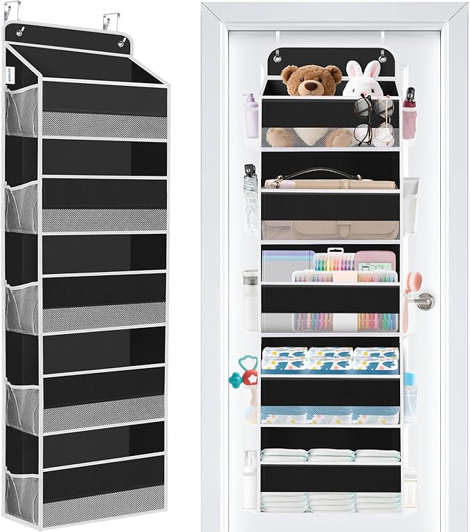 WISELIFE Over the Door Organizer - 5 Shelves Large Capacity Hanging Bedroom Storage Solution with Side Pockets for Dorm Bathroom Pantry Nursery and Baby Essentials Holds up to 40 Lbs Black