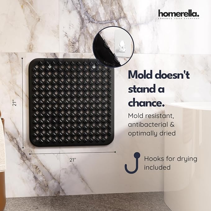 homerella® Shower Mat Non Slip Anti Mold, Non Slip Shower Mats for Inside Shower Stall Anti Slip Mat, Square Shower Floor Mat 21 x 21 in with Suction Cups & Hooks for Quick Drying, Machine Washable