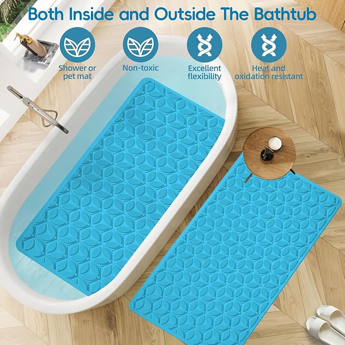 Bathtub Mat Non Slip with Suction Cups - 100% Rubber Bathroom Mat Textured for Bath Tub Shower Safety - Soft on Touch - BPA/PVC Free - Pet Dog Bath Mat - Machine Washable - 16 × 28 Inch（R Blue）