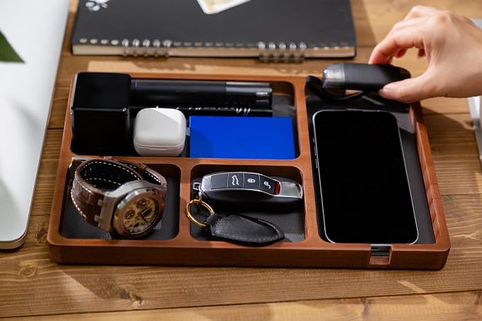 Shinpuru Wooden Valet Tray for Men, Nightstand Organizer with Leather Inlay, EDC Essentials Catchall Tray for Keys, Phone, Wallet, Watch, Earbuds - Bedside Desk Entryway Tray (Wood)