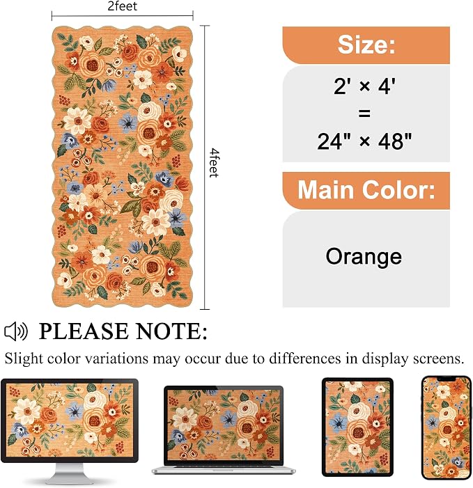DUKINO 2x4 Washable Runner Rugs, Non Slip Floral Print Entryway Rug with Soft Low Pile, Lightweight Mat for Living Room, Bathroom, Bedroom, Kitchen, Orange