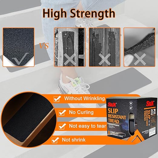 S&X Outdoor Stair Treads for Wooden Steps - 12-Pack, Black, 4” x 24” Pre-Cut Anti Slip Tape Non-Slip Strips for Stairs, Steps, Decks, and Boats - High Grip, Waterproof, Non-Skid Safety Guard