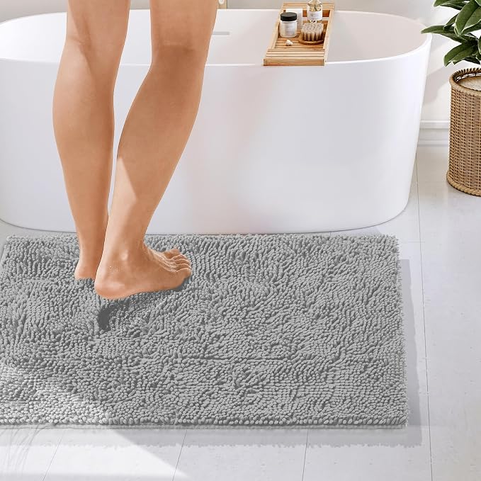 Hearth & Harbor Bathroom Rugs, Chenille Bath Mat - Machine Washable Bath Mats for Bathroom Non-Slip Backing Rubber, Quick Dry Bathroom Mat - Silver 24x36
