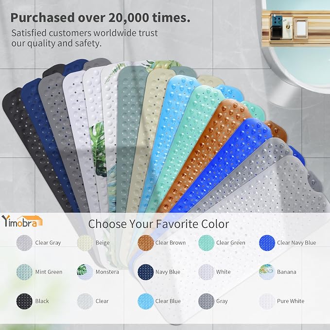 Yimobra Non Slip Bathtub Mat 40 x 16 Inch, Extra Long Shower Mat with Drain Holes, Machine Washable Baby Bath Mats, Strong Suction Cups for Bathroom Floor, Clear Blue