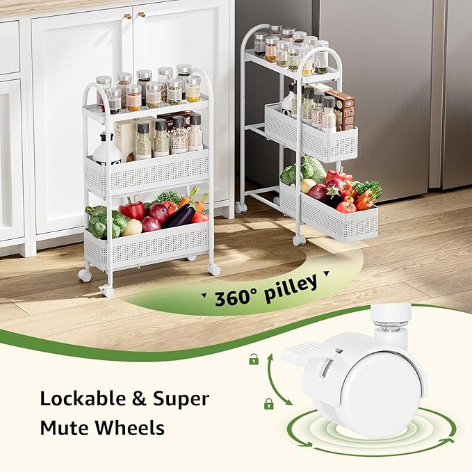 KINGRACK 3-Tier Slim Storage Cart with Pull Out Basket, Rolling Bathroom Organizer Utility, Metal Shelving Unit Slide Out, Lockable Wheels, Easy Assembly for Narrow Place, Kitchen, Laundry Room, White