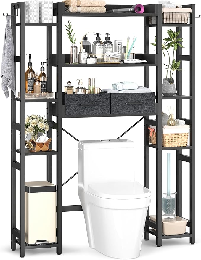 Besiost Over The Toilet Storage, 11 Tier Bathroom Organizer with Dual Side Racks and 2 Fabric Drawers, Adjustable Freestanding Rack Space Saver for Small Spaces, Black