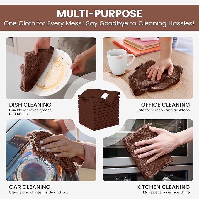 SIFANGKE Microfiber Cleaning Cloth, 12 Pack Brown Cleaning Rags for Housekeeping, Reusable Microfiber Towels for Car, Kitchen, Bathroom and Household Cleaning Supplies, 11.8"X11.8"