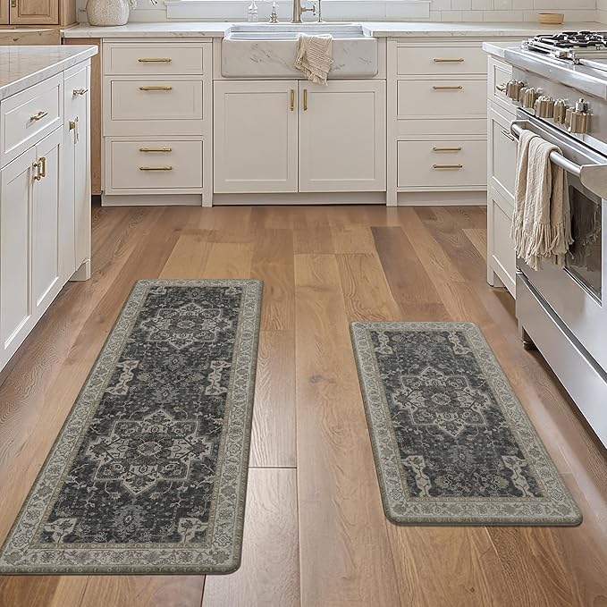 GENIMO Kitchen Mats for Floor 2PCs, Washable Anti Fatigue Mat for Cushioned, 17.3"x47"+17.3"x30", Waterproof Kitchen Rugs, Non Slip Comfort Standing Mat Rug for Home, Sink, Laundry, Midnight Gold