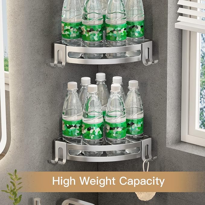 VOLPONE Corner Shower Caddy with Razor Holder Adhesive Shower Shelf Corner No Drilling Bathroom Corner Shower Organizer Storage Rack Shampoo Holder Wall Mount (2-Pack, Silver)
