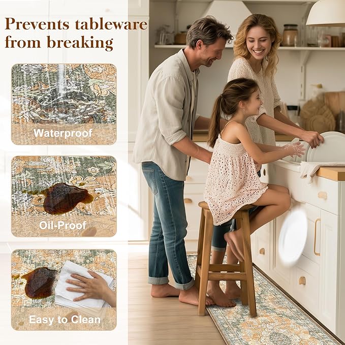 Boho Kitchen Mats for Floor 2 Piece Set Anti Fatigue Cushioned PVC Kitchen Rugs Non Slip Waterproof Farmhouse Mats 2/5 Inch Comfort Standing Mat for Sink, Laundry, 17.3"x47"+17.3"x28", Green Orange