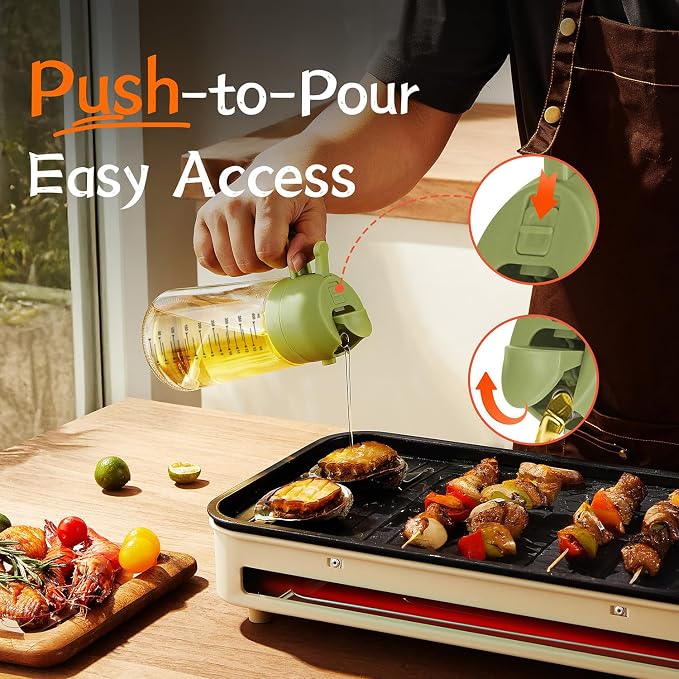 TrendPlain 16oz/470ml Glass Olive Oil Sprayer for Cooking – 2 in 1 Olive Oil Dispenser Bottle for Kitchen Gadgets and Air Fryer Accessories, Salad, BBQ - Green