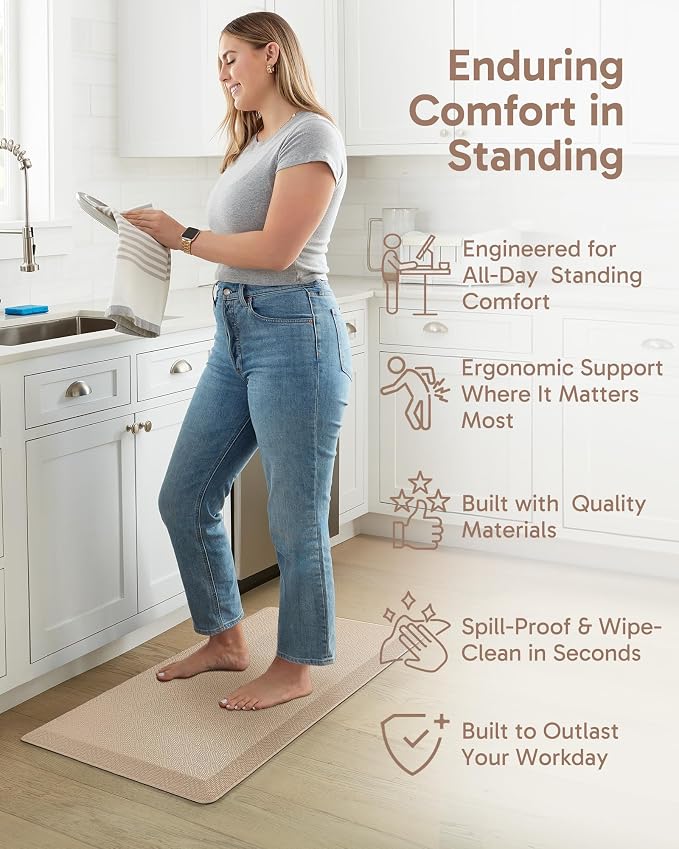Ophanie Kitchen Mats for Floor, 3/4 Inch Thick Kitchen Rugs, 20''x39'' Anti Fatigue Standing Cushioned Mat, Waterproof,Comfort Ergonomic Mat for Office, Home, Sink, Beige Non-Slip Bottom