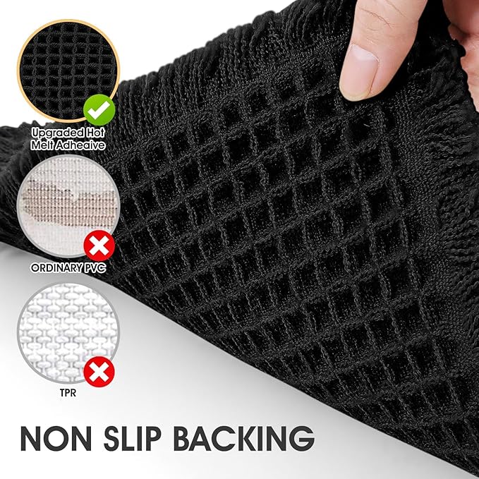 Upgrade Waffle Bath Mat, Boho Bathroom Rugs Absorbent Non Slip, Ultra Soft Bathroom Mat, Machine Washable Knit Bath Rugs with Tassels for Bathroom, Bedroom, Kitchen, Shower, Tub, Black, 36"x24"