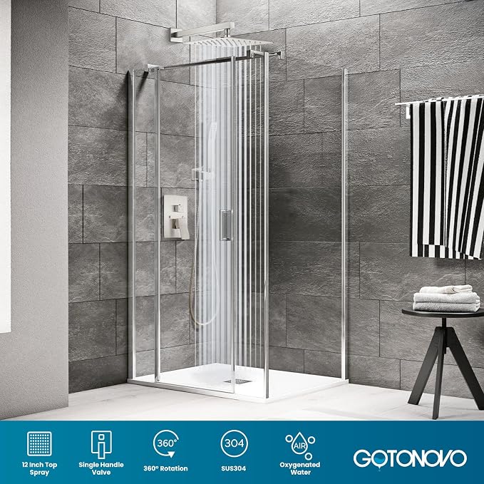 gotonovo Rainfall Bathroom Shower System Rain Shower Head and Handle Set Wall Mounted Shower Complete Combo Solid Brass Pressure Balancing Shower Mixer Valve 12 Inch Brushed Nickel