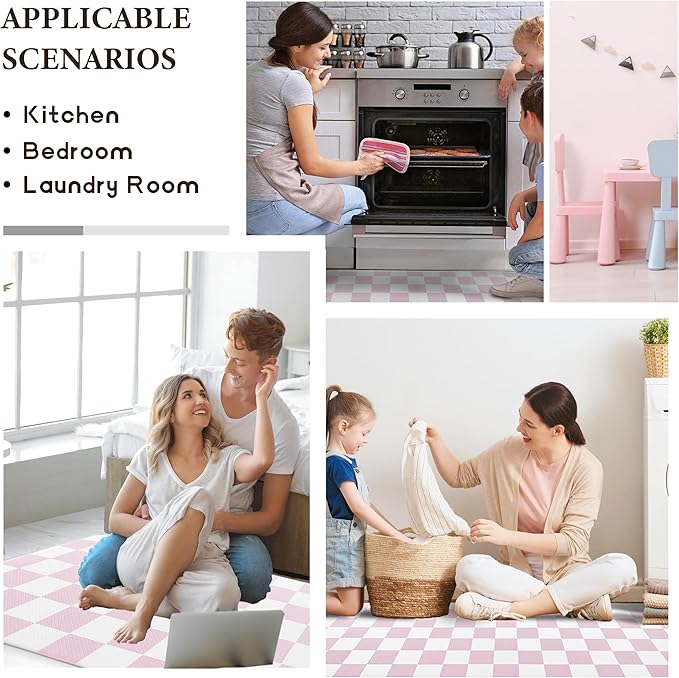 Pink Checkered Grid Checkerboard Kitchen Rug Sets [2 PCs], Anti-Fatigue, Waterproof Non-Slip Kitchen Mats Heavy Duty Ergonomic Comfort Foam Rug for Floor, Home, Laundry,Easter 17"x29"+17"x47"