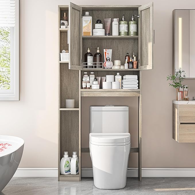 Over The Toilet Storage Cabinet with 7 Storage Shelves, Above Toilet Bathroom Organizer with Toilet Paper Holder Stand, Behind Toilet Cabinet, Space Saver for Restroom, Bathroom, Laundry, Grey