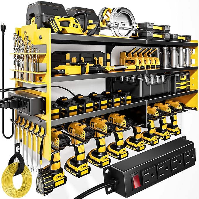 POKIPO Large Power Tool Organizer Wall Mount with Charging Station,4 Layer Heavy Duty Metal Storage Rack Loads 600lbs with 8 Cordless Drill Holder,Battery Utility Rack Gift for Garage workshops Room