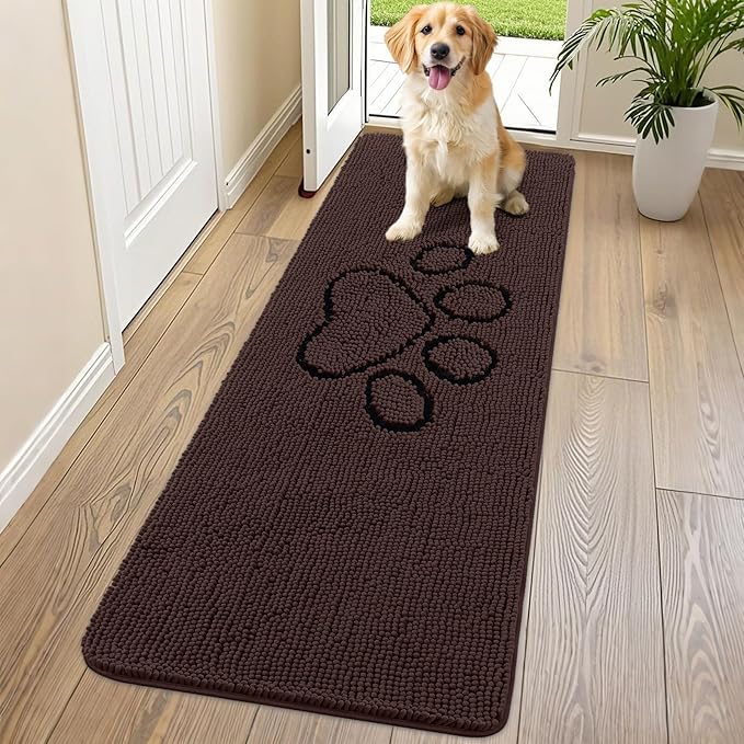 Smiry Dog Door Mat for Muddy Paws, Absorbent Dirt Trapper Non Slip Quick Dry Washable Chenille Mat for Mud Dogs, Entry Rug for Indoor and Outdoor (70x24 Inches, Brown and Black)