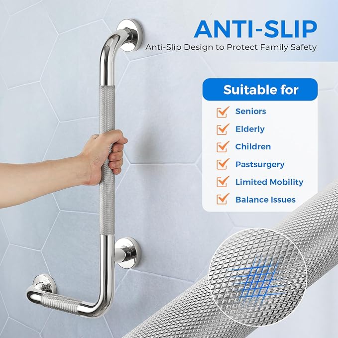 L-Shaped Grab Bars for Shower, 24x12 Inch Stainless Steel Grab Bars for Elderly for Wall Mount, Anti-Slip Knurled Grip Bathroom Safety Rail, Right