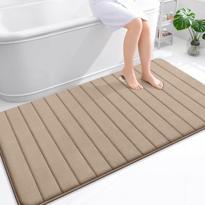 OLANLY Memory Foam Bath Mat 59x35, Super Soft Absorbent Bathroom Rugs, Quick Dry, Machine Washable Shower Floor Rugs, Bathmat Carpet, Bathroom Home Decor Accessories, Tan