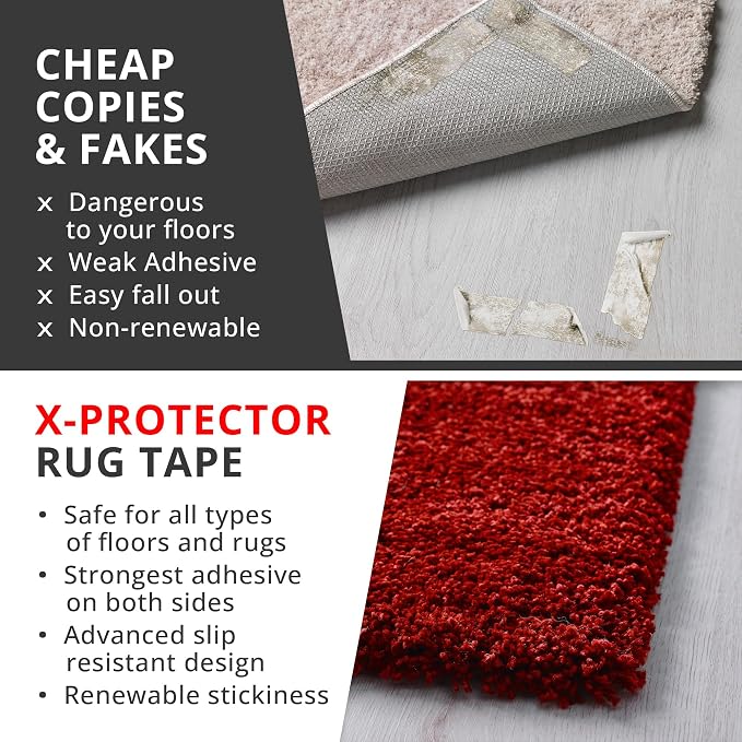 X-Protector Rug Tape - 16 Pcs Set - White Anti-Slip & Anti-Curling Carpet Tape for Hard Floors - Premium Rug Pad Gripper - Carpet Corner Grippers to Keep Your Carpet in Place & Make Corners Flat