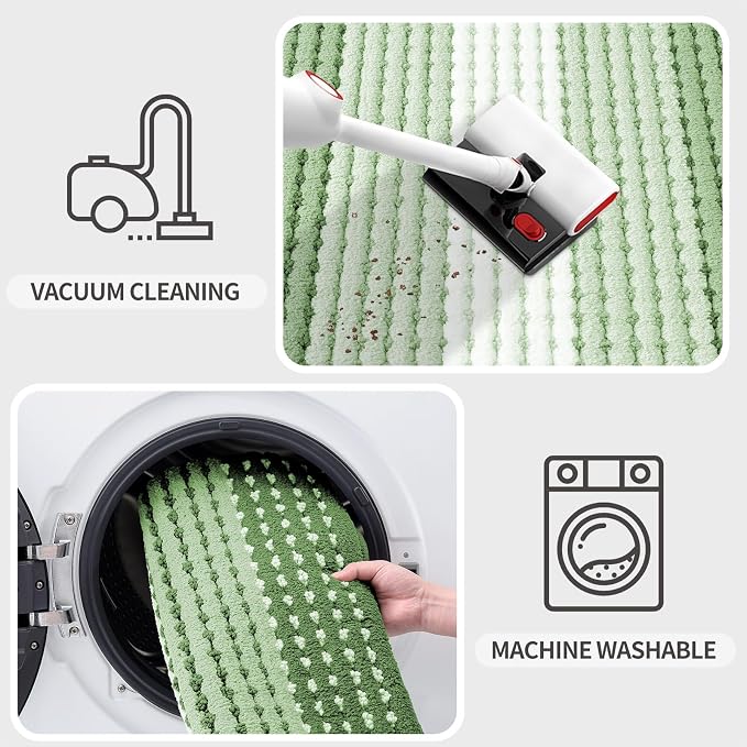 Kitinjoy Indoor Outdoor Door Mat, 59x20 Non-Slip Absorbent Dirt Trapper, Low-Profile Washable Inside Entrance Front Floor Mat, Sturdy Soft Entry Dotted Ombre Doormats for Entryway, Sage Green