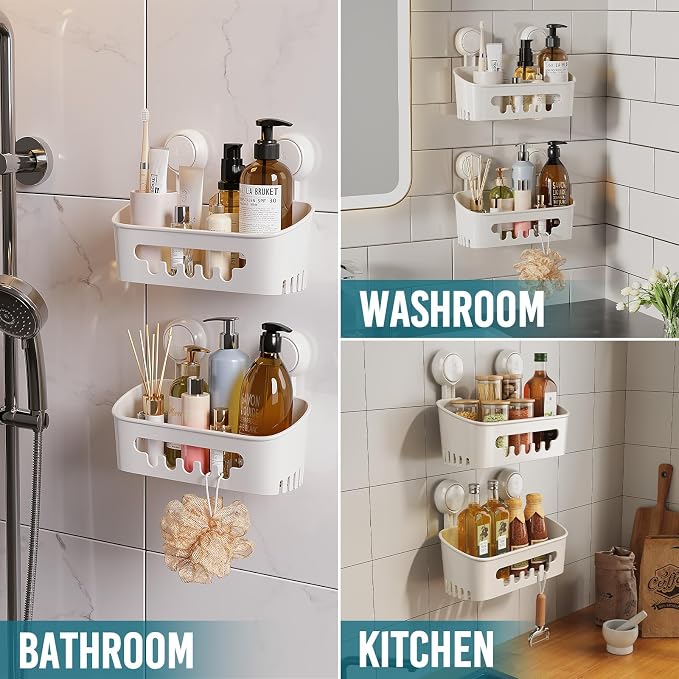 TAILI Shower Caddy Suction Cup 2 Pack, Heavy Duty Bathroom Organizer, Removable Shelves for Inside Shower, Shampoo, Waterproof Suction Plastic Storage for Bathroom Accessories Holder, White