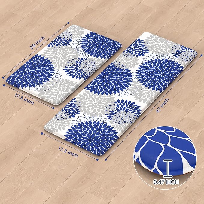 Anti Fatigue Kitchen Mats 2PCS,Boho Dahlia Kitchen Rugs Non Slip Rubber Backing, Farmhouse Waterproof Kitchen Mat for Floor,Cushioned Standing Mat for Kitchen,Laundry,Sink,Desk,Blue