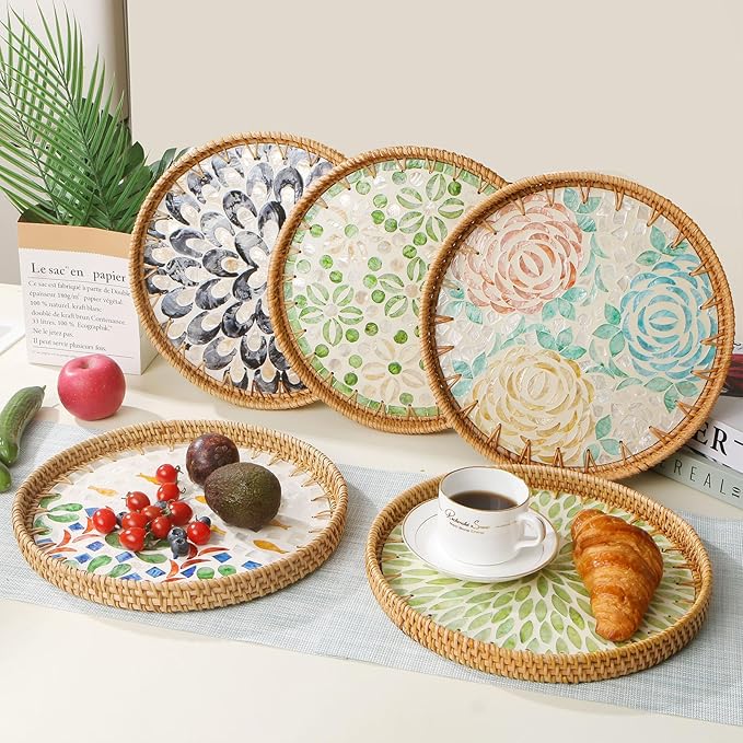 Round Rattan Tray with Mother of Pearl Inlay, Decorative Wicker Serving Tray with Wooden Base, Woven Basket Trays for Bread Fruits Coffee