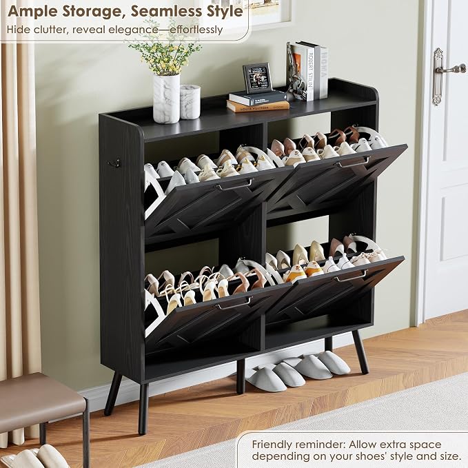 Nicetree Shoe Cabinet with 4 Flip Drawers, Hidden Shoe Rack Cabinet with Metal Legs, Farmhouse Narrow Shoe Storage Cabinet for Entryway, Foyer, Hallway, Black