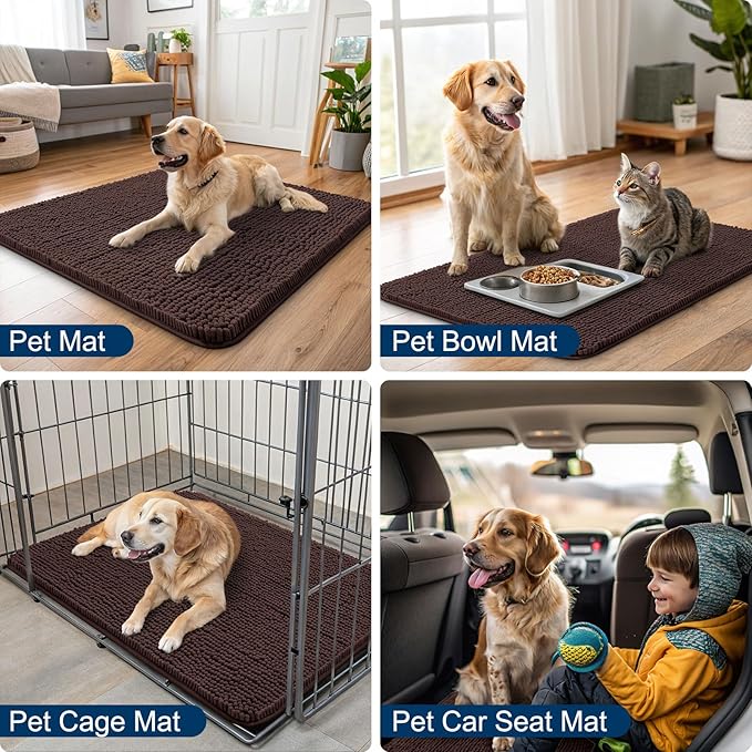 Smiry Dog Door Mat for Muddy Paws 54x24, Absorbent Dirt Trapper, Non-Slip Washable Chenille Entryway Rug for Inside Floor, Brown, Classic Solid
