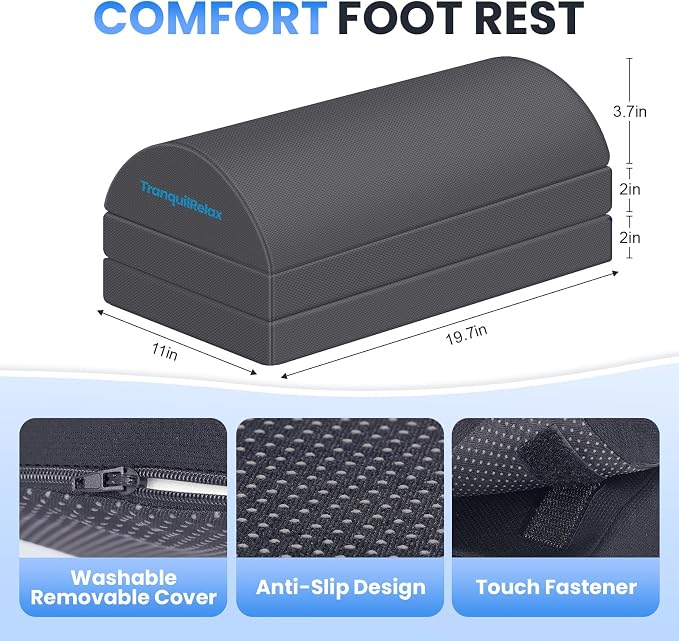TranquilRelax Foot Rest for Under Desk at Work, Gaming Accessories Foot Stool with 3 Adjustable Heights & Washable Cover, Comfortable Office Desk Accessories, Footrest for Office, Home and Car (Gray)
