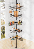 DAOYA Adjustable Tension Pole Shower Caddy, 5-Tier Stainless Steel Shower Shelf Organizer with 2 Movable Toothbrush Holders, 25-115 Inches Extendable Bath Tub Conner Storage Shelf for Family, Black