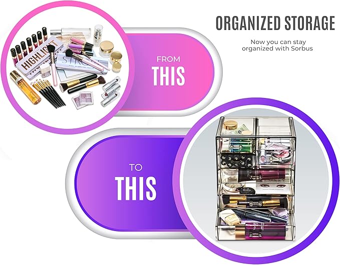 Sorbus Acrylic Makeup Organizer Set, 7-Drawer Vanity & Countertop Cosmetic Storage with Small & Wide Drawers, Black Jewel Makeup Storage for Brushes, Lipsticks, Jewelry, Holiday Gift for Women & Teens