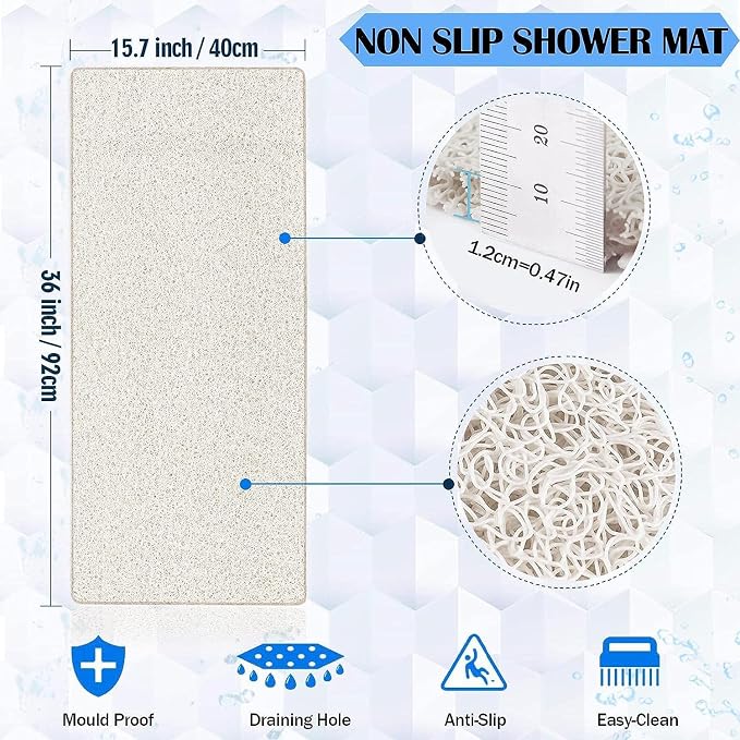 godehone Shower Mats Non Slip Without Suction Cups, PVC Loofah Bathroom Mats, Loofah Mats for Shower and Bathroom, Quick Drying, 15.7× 36 Inch, Beige