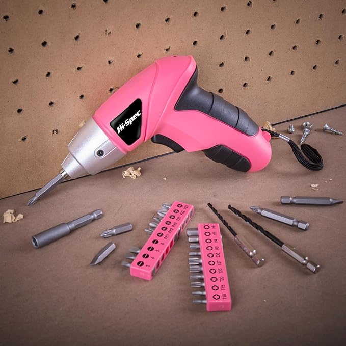 Hi-Spec Small Electric Screwdriver, Mini Drill Set, Rechargeable 3.6V Cordless Screwdriver with 26 Driver Bits, Power Tool for Small Projects & Home Use, Pink